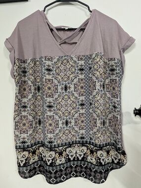 Maurices Lavender Short-Sleeve Crisscross V-Neck Printed Tunic